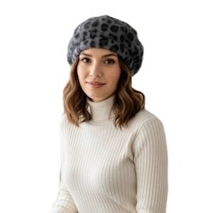 Parkhurst Angora rabbit blend grey black leopard print beret tam winter hat